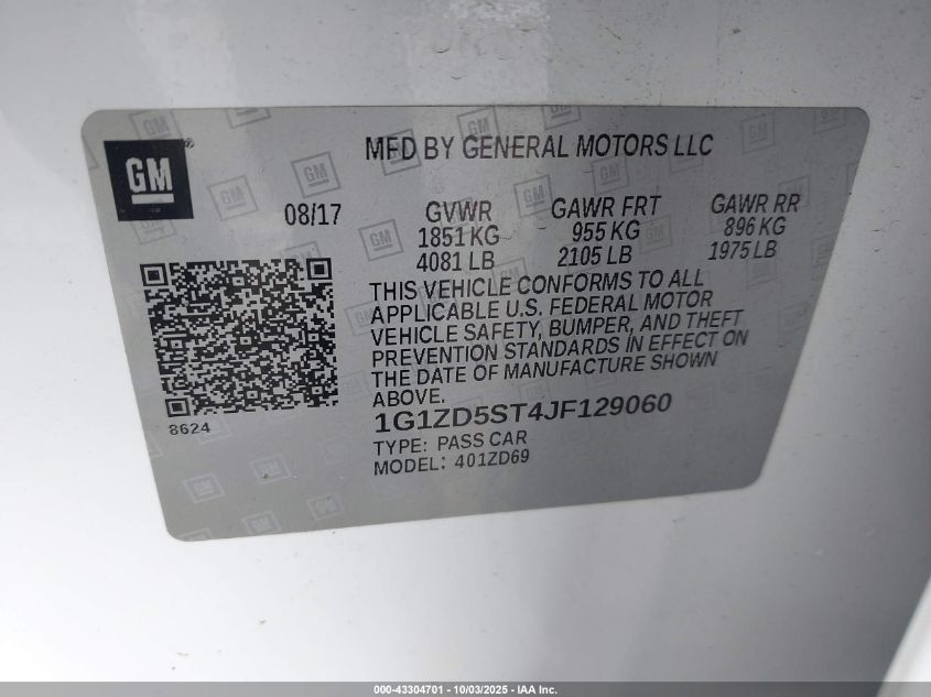 2018 Chevrolet Malibu Lt VIN: 1G1ZD5ST4JF129060 Lot: 43304701