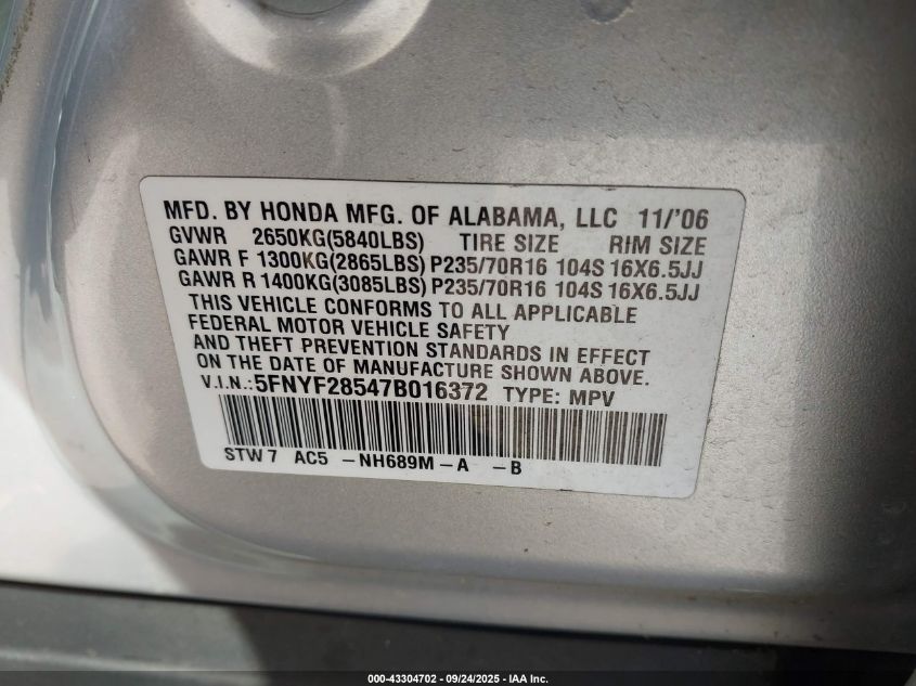 2007 Honda Pilot Ex-L VIN: 5FNYF28547B016372 Lot: 43304702