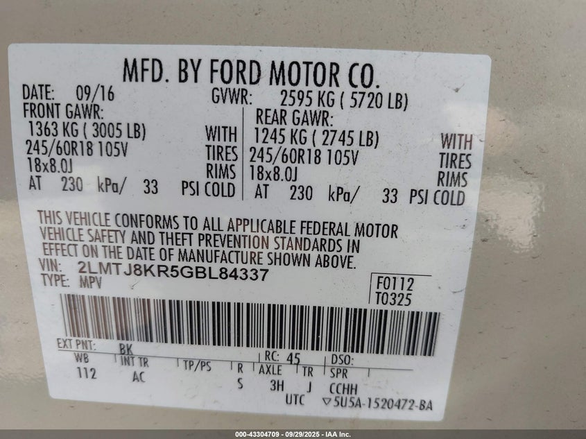 2016 LINCOLN MKX SELECT - 2LMTJ8KR5GBL84337