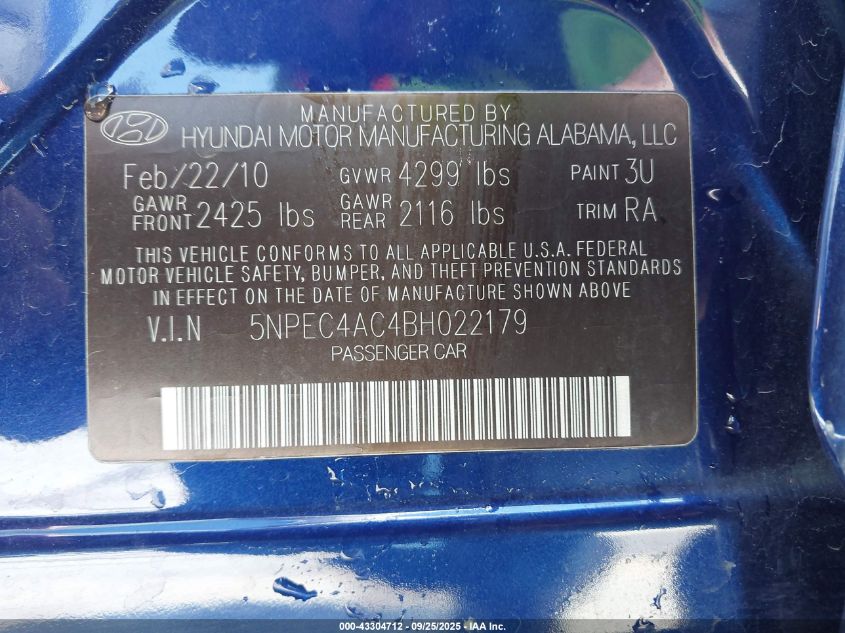 2011 Hyundai Sonata Se VIN: 5NPEC4AC4BH022179 Lot: 43304712