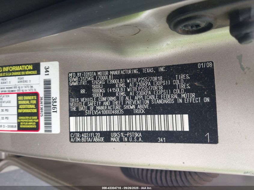 2008 Toyota Tundra Base 5.7L V8 VIN: 5TFEV54108X048835 Lot: 43304716