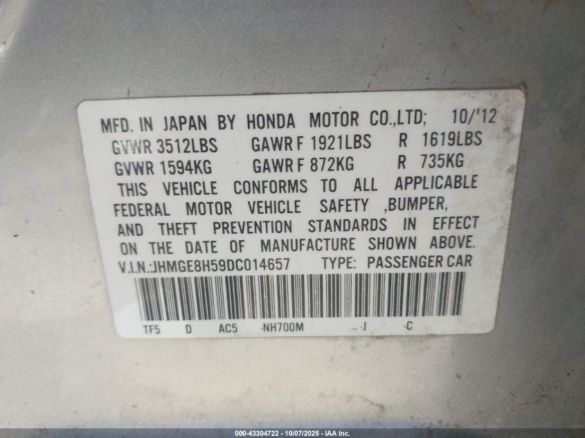 2013 Honda Fit Sport VIN: JHMGE8H59DC014657 Lot: 43304722