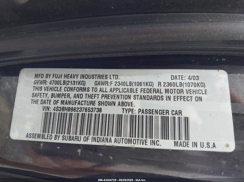 2003 Subaru Outback H6-3.0 Vdc VIN: 4S3BH896237653738 Lot: 43304729