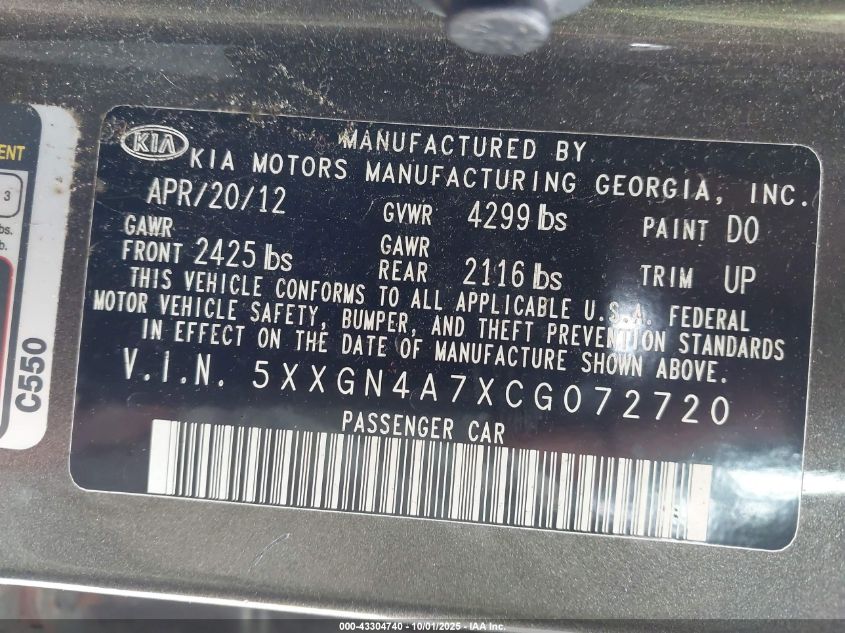 2012 Kia Optima Ex VIN: 5XXGN4A7XCG072720 Lot: 43304740