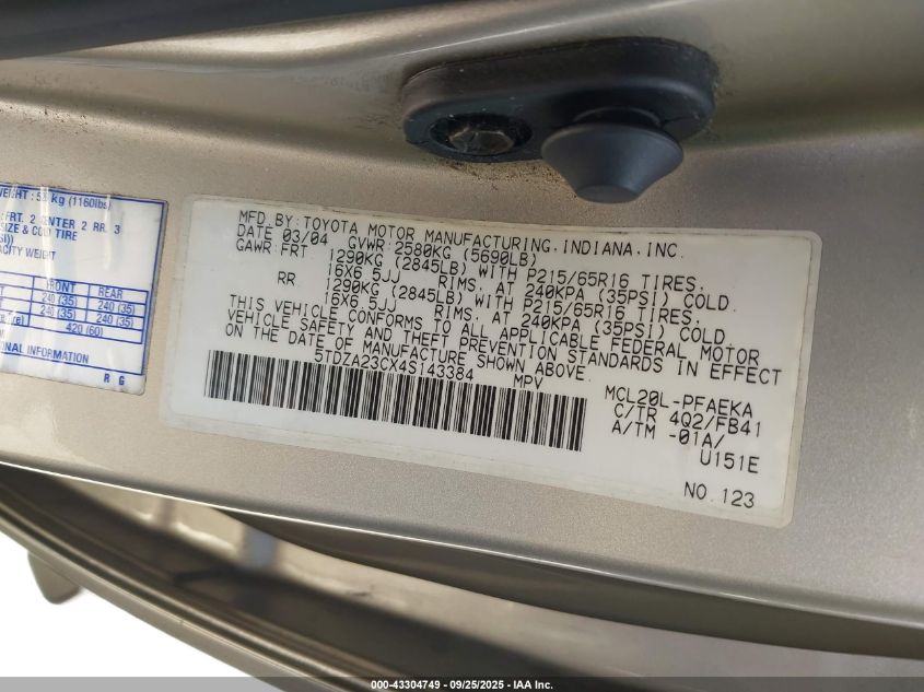 2004 Toyota Sienna Le VIN: 5TDZA23CX4S143384 Lot: 43304749