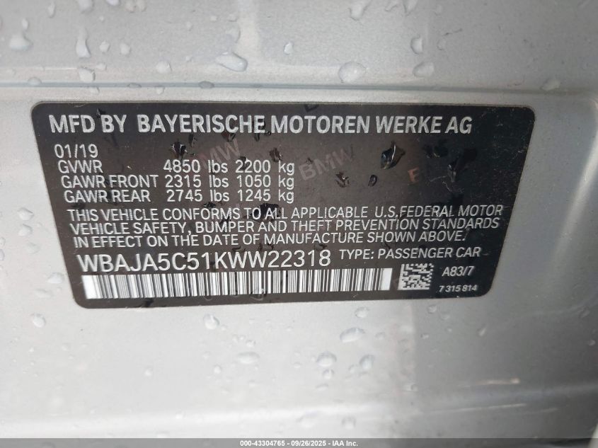 2019 BMW 530I VIN: WBAJA5C51KWW22318 Lot: 43304765
