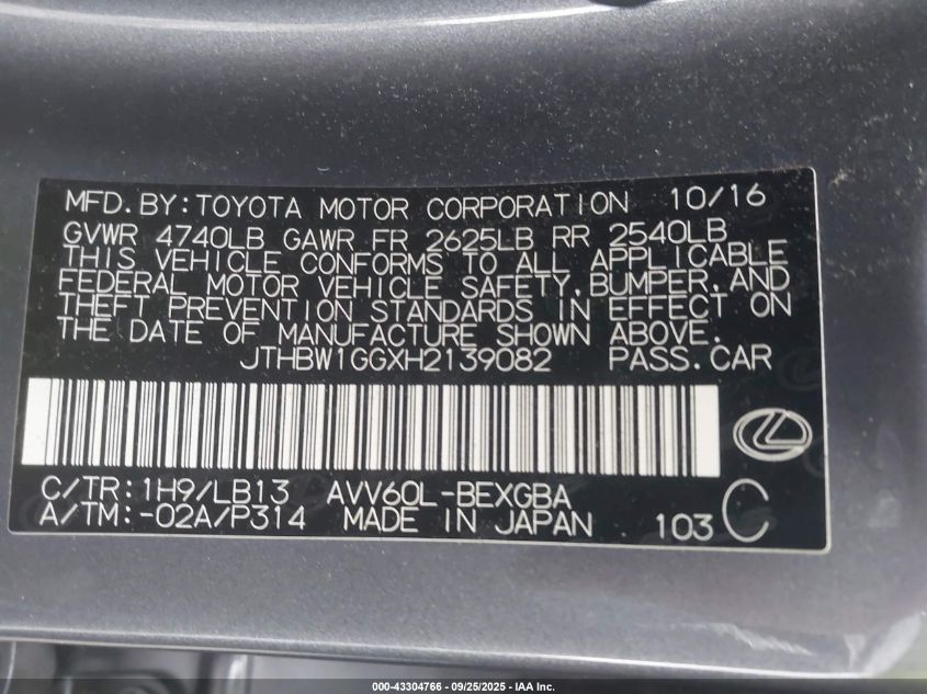 2017 Lexus Es 300H VIN: JTHBW1GGXH2139082 Lot: 43304766