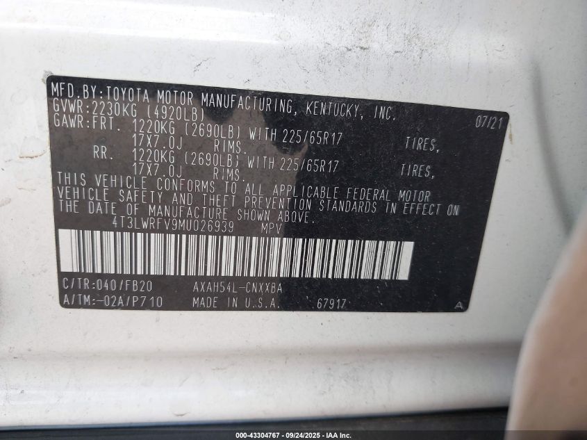 2021 Toyota Rav4 Hybrid Le VIN: 4T3LWRFV9MU026939 Lot: 43304767