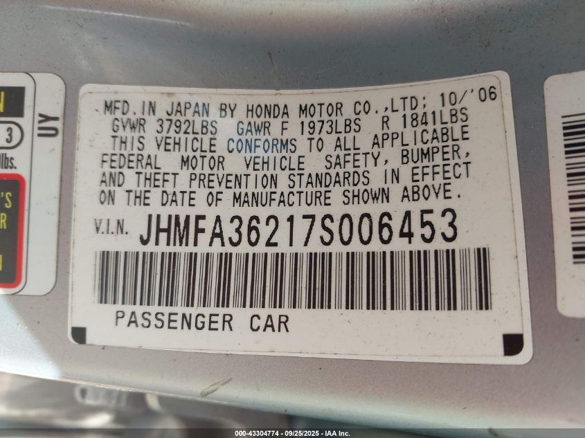 2007 Honda Civic Hybrid VIN: JHMFA36217S006453 Lot: 43304774
