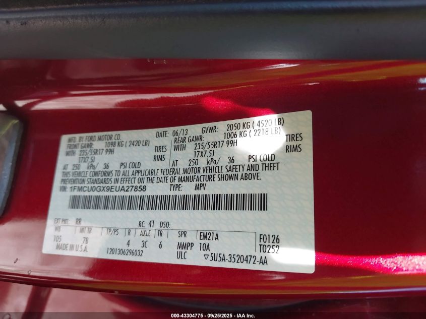 2014 Ford Escape Se VIN: 1FMCU0GX9EUA27858 Lot: 43304775