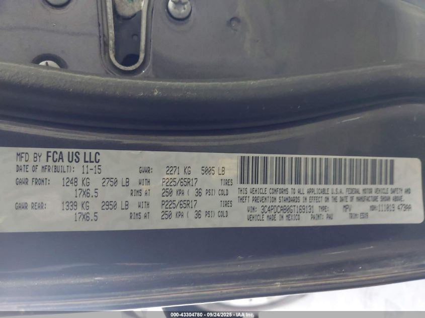 2016 Dodge Journey Se VIN: 3C4PDCAB0GT169131 Lot: 43304780