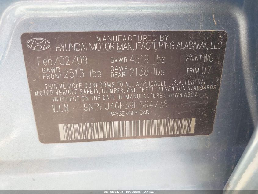 2009 Hyundai Sonata Limited V6 VIN: 5NPEU46F39H564738 Lot: 43304782