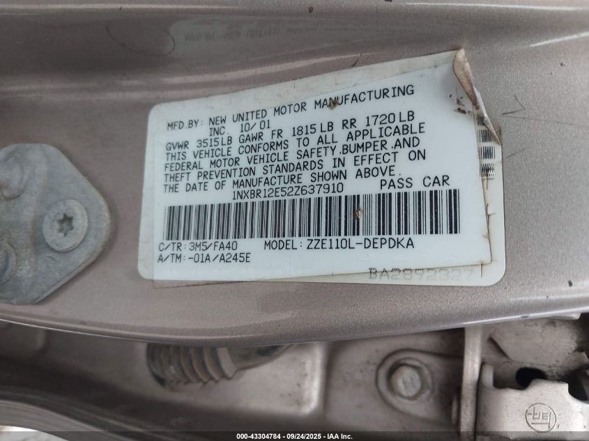 2002 Toyota Corolla Le VIN: 1NXBR12E52Z637910 Lot: 43304784