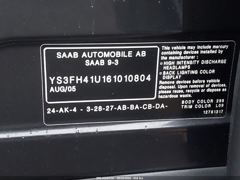 2006 Saab 9-3 Aero VIN: YS3FH41U161010804 Lot: 43304787