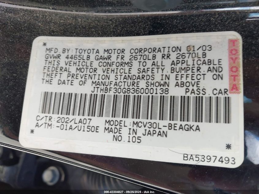 2003 Lexus Es 300 VIN: JTHBF30G836000138 Lot: 43304827