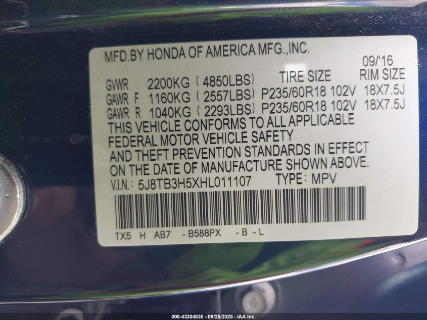 2017 Acura Rdx Technology Acurawatch Plus Packages/W/Technology Package VIN: 5J8TB3H5XHL011107 Lot: 43304830