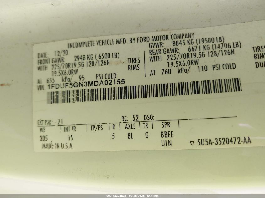 2021 Ford F-550 Chassis Xl VIN: 1FDUF5GN3MDA02155 Lot: 43304836