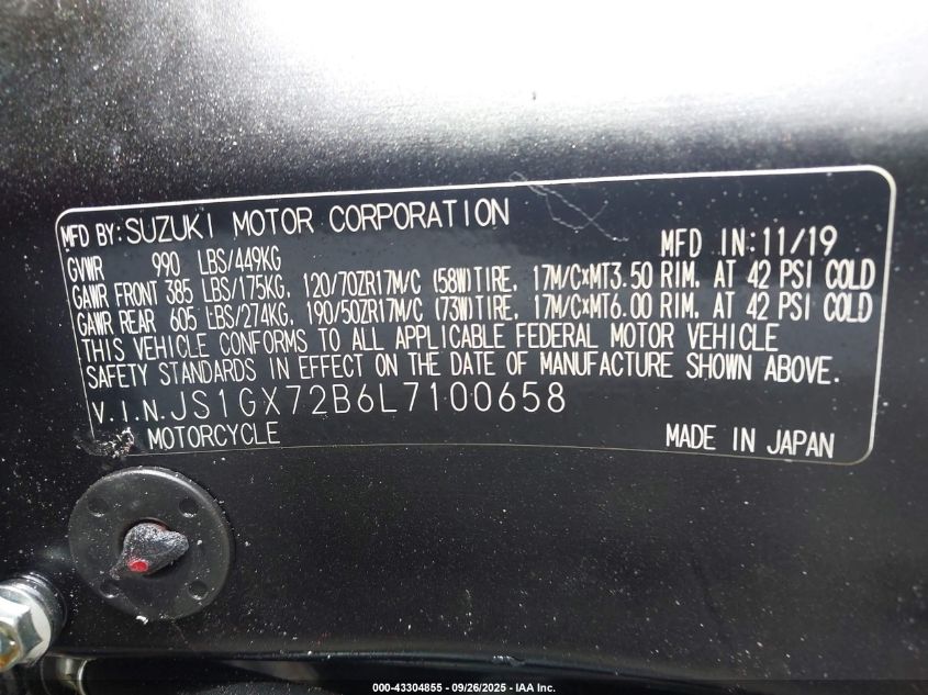 2020 Suzuki Gsx1300 Ra VIN: JS1GX72B6L7100658 Lot: 43304855