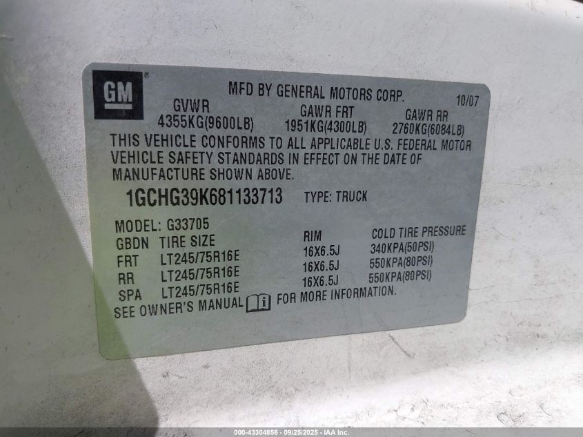 2008 Chevrolet Express Work Van VIN: 1GCHG39K681133713 Lot: 43304856