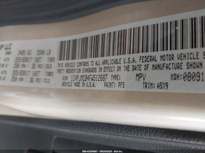 2015 Jeep Cherokee Latitude VIN: 1C4PJMCB4FW512687 Lot: 43304857