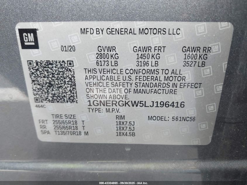 2020 Chevrolet Traverse Fwd Lt Cloth VIN: 1GNERGKW5LJ196416 Lot: 43304865