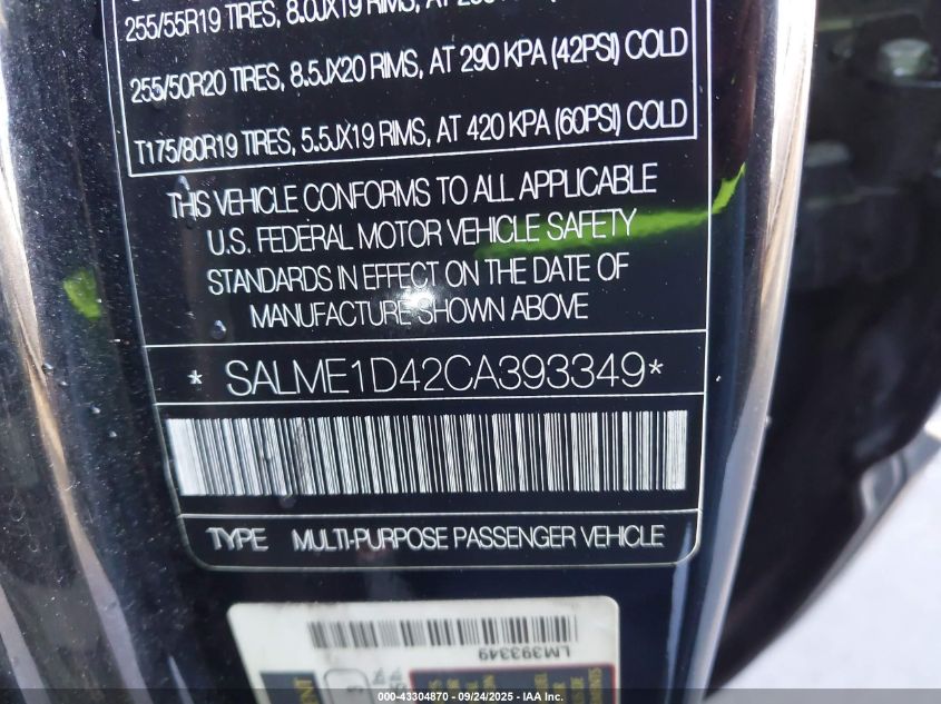 2012 Land Rover Range Rover Hse VIN: SALME1D42CA393349 Lot: 43304870