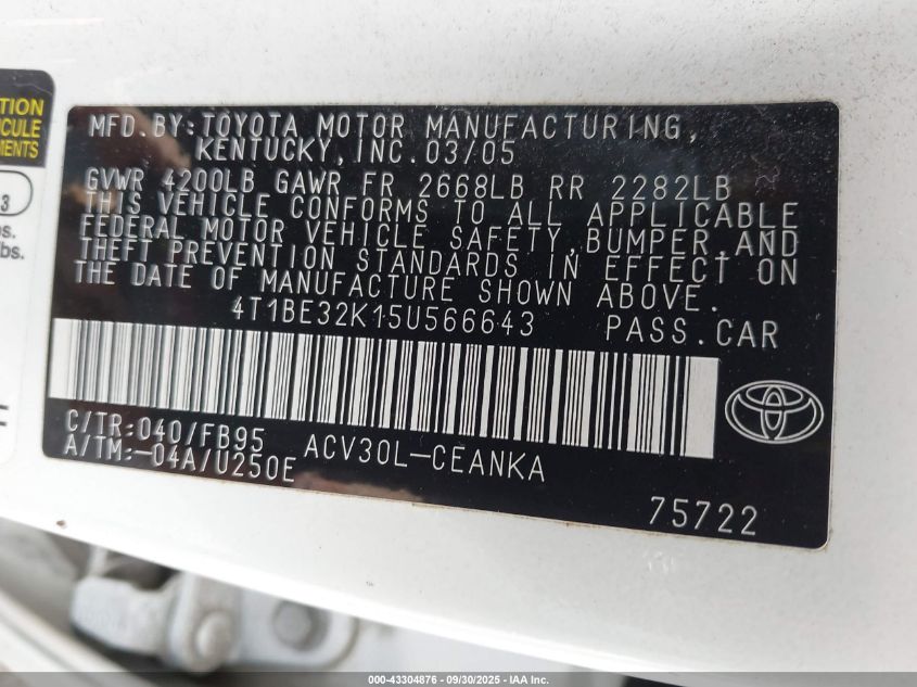 2005 Toyota Camry Le VIN: 4T1BE32K15U566643 Lot: 43304876