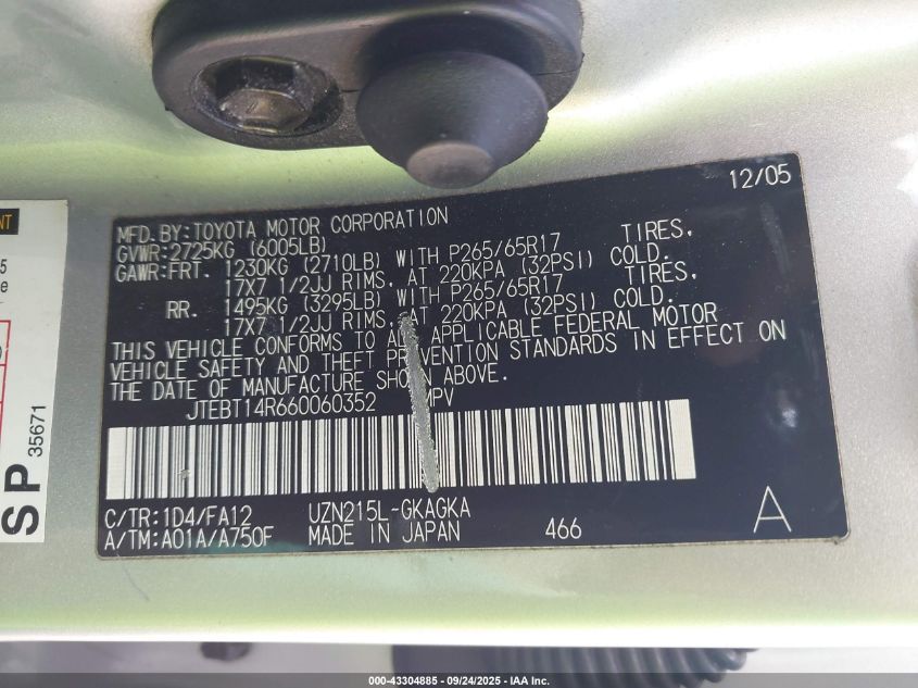 2006 Toyota 4Runner Sr5 V8 VIN: JTEBT14R660060352 Lot: 43304885