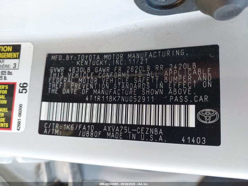 2022 Toyota Camry Le Awd VIN: 4T1R11BK7NU052911 Lot: 43304895