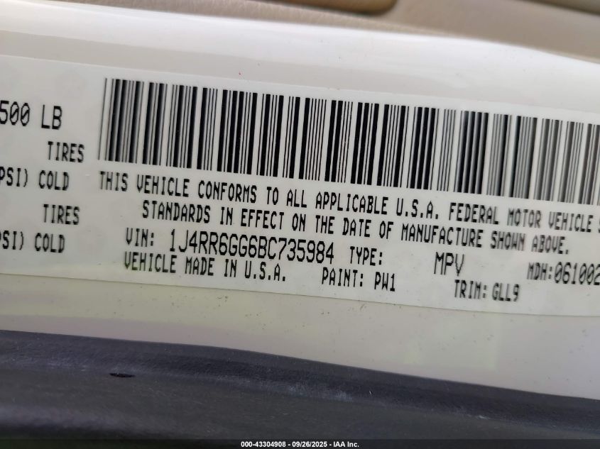 2011 Jeep Grand Cherokee Overland VIN: 1J4RR6GG6BC735984 Lot: 43304908