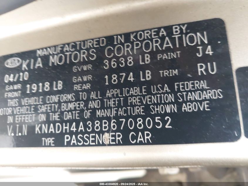 2011 Kia Rio Lx VIN: KNADH4A38B6708052 Lot: 43304920