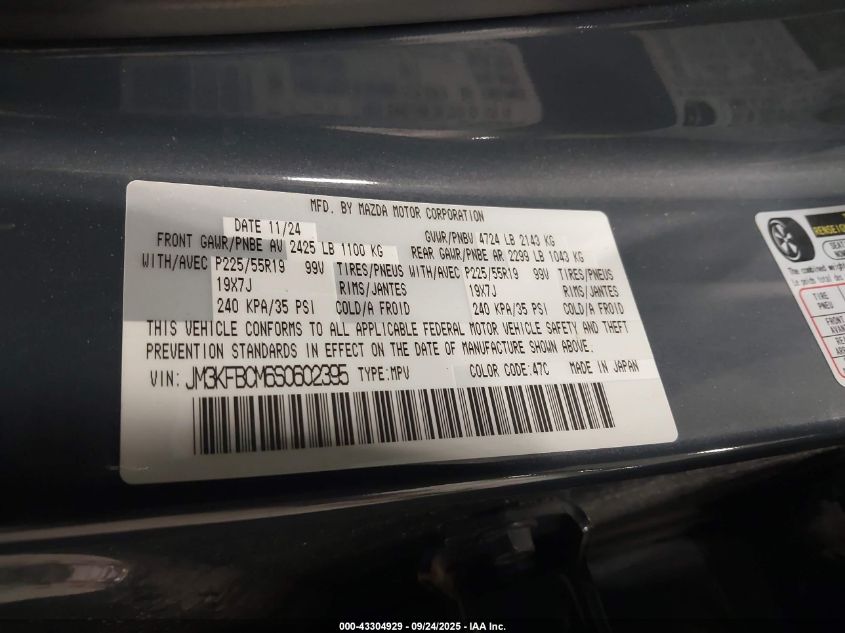 2025 Mazda Cx-5 2.5 S Carbon Edition VIN: JM3KFBCM6S0602395 Lot: 43304929