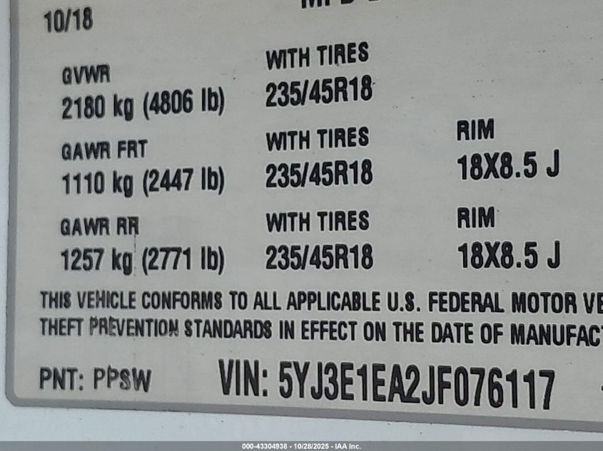 2018 Tesla Model 3 Long Range/Mid Range VIN: 5YJ3E1EA2JF076117 Lot: 43304938