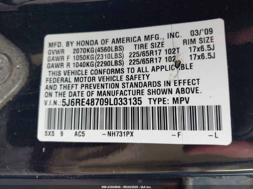 2009 Honda Cr-V Ex-L VIN: 5J6RE48709L033135 Lot: 43304940