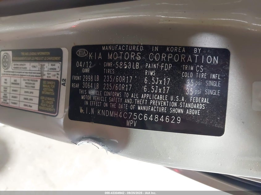 2012 Kia Sedona Ex VIN: KNDMH4C75C6484629 Lot: 43304942