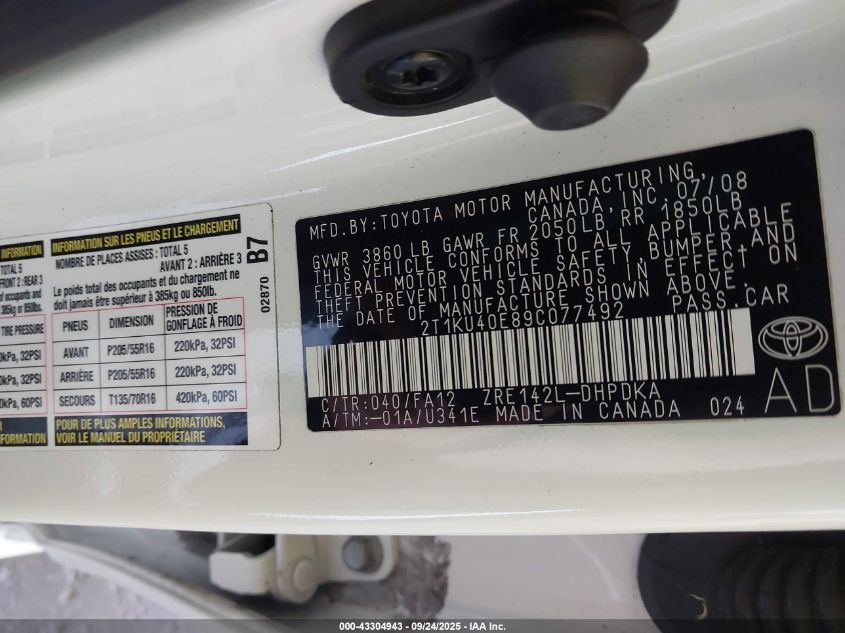 2009 Toyota Matrix VIN: 2T1KU40E89C077492 Lot: 43304943