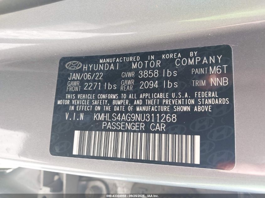 2022 Hyundai Elantra Sel VIN: KMHLS4AG9NU311268 Lot: 43304958