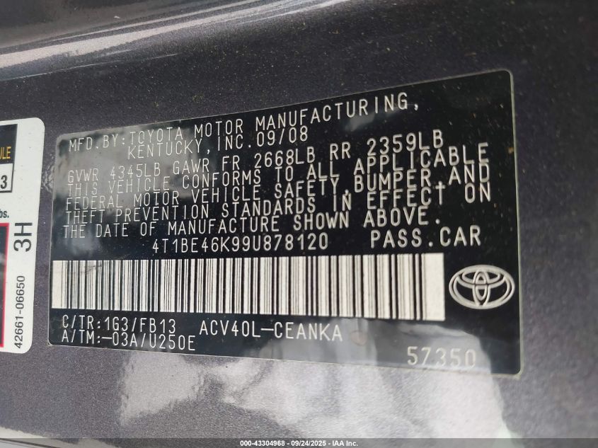 2009 Toyota Camry Le VIN: 4T1BE46K99U878120 Lot: 43304968