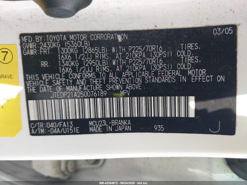 2005 Toyota Highlander V6 VIN: JTEDP21A250076189 Lot: 43304972