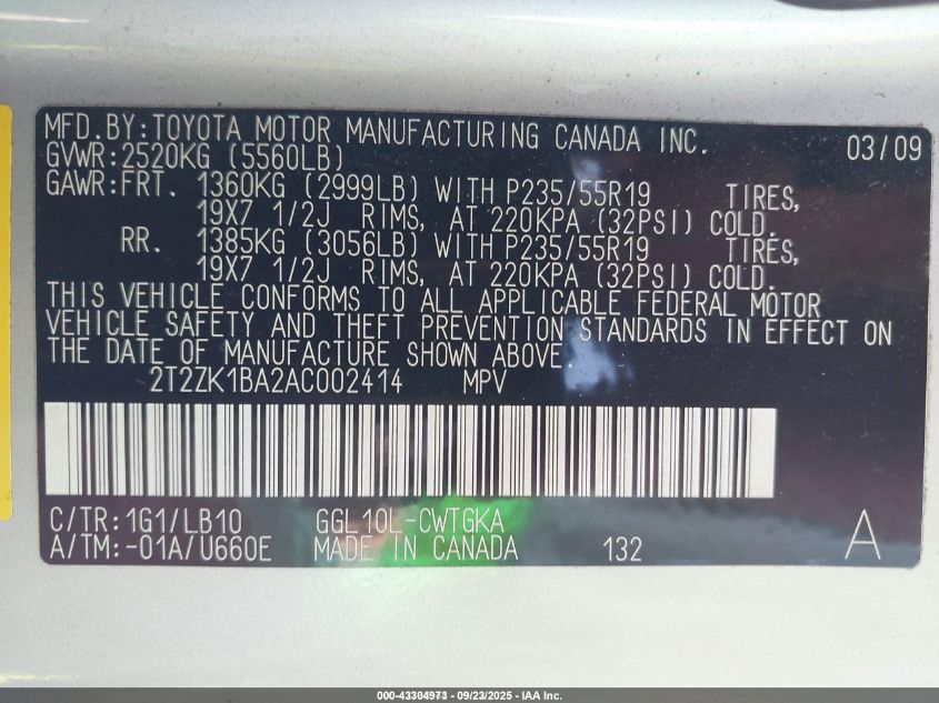 2010 Lexus Rx 350 VIN: 2T2ZK1BA2AC002414 Lot: 43304973