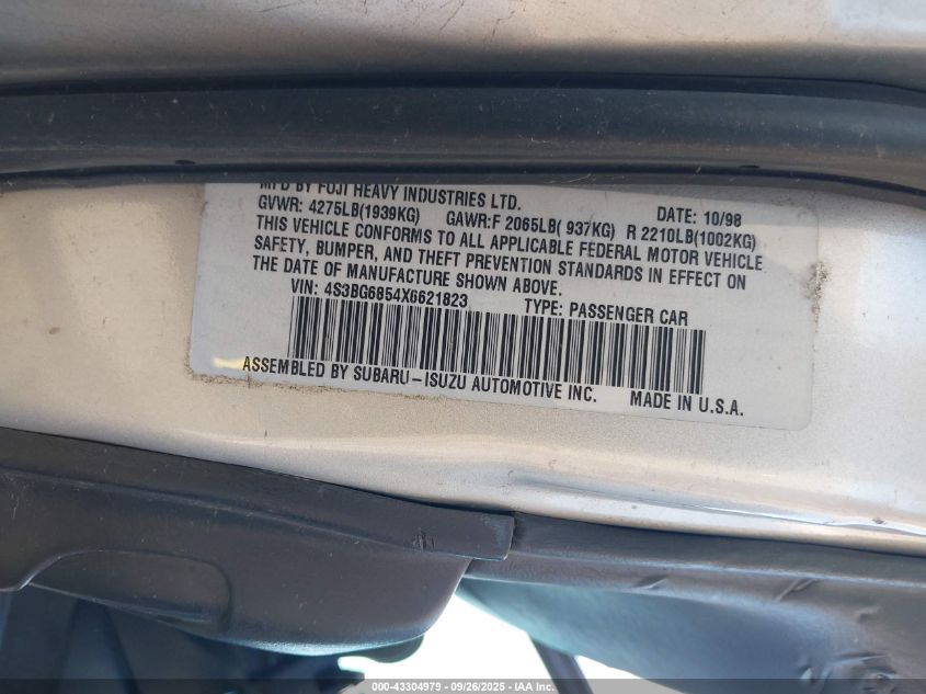 1999 Subaru Legacy 30Th Ann. Outback Ltd./Outback VIN: 4S3BG6854X6621823 Lot: 43304979