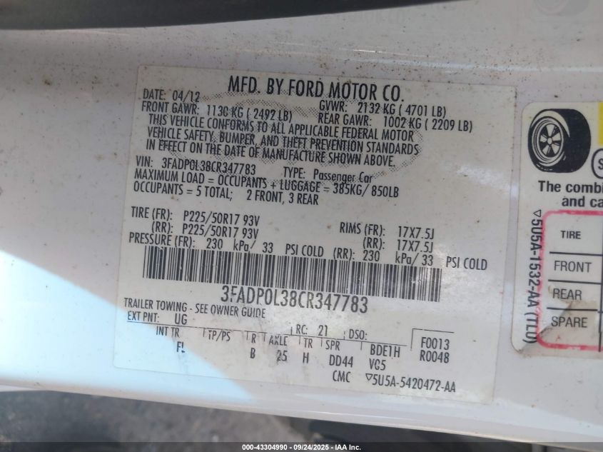 2012 Ford Fusion Hybrid VIN: 3FADP0L38CR347783 Lot: 43304990