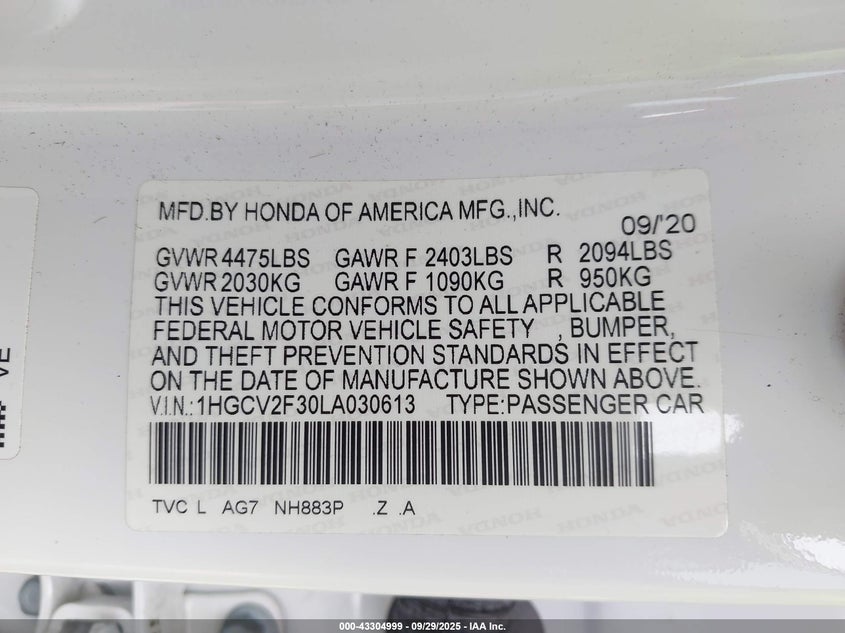 VIN 1HGCV2F30LA030613 2020 HONDA ACCORD SPORT 2.0T