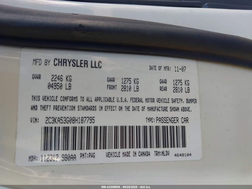 2008 Chrysler 300 Touring VIN: 2C3KA53G08H187795 Lot: 43305008