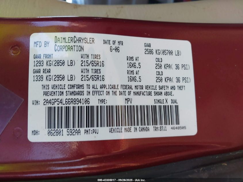2006 Chrysler Town & Country Touring VIN: 2A4GP54L66R894106 Lot: 43305017
