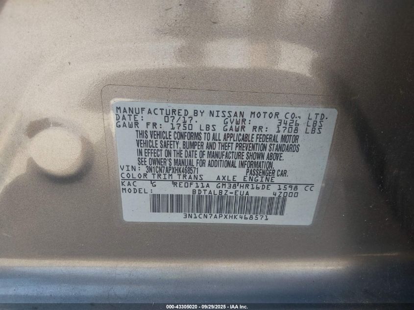 2017 Nissan Versa 1.6 Sv VIN: 3N1CN7APXHK468571 Lot: 43305020