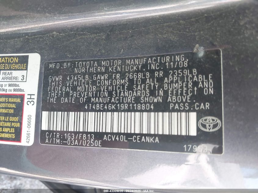 2009 Toyota Camry Le VIN: 4T4BE46K19R118804 Lot: 43305035