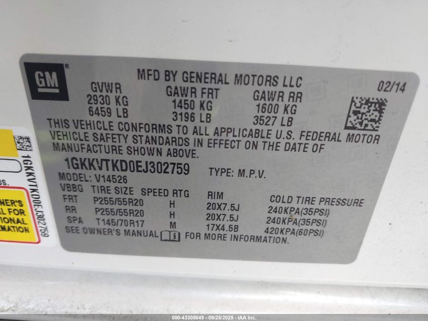 2014 GMC Acadia Denali VIN: 1GKKVTKD0EJ302759 Lot: 43305049