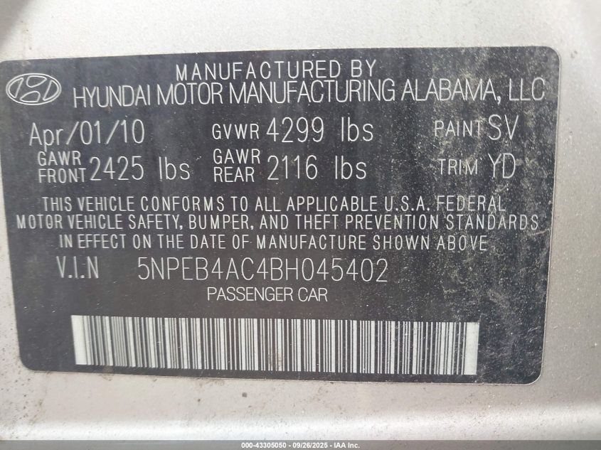 2011 Hyundai Sonata Gls VIN: 5NPEB4AC4BH045402 Lot: 43305050