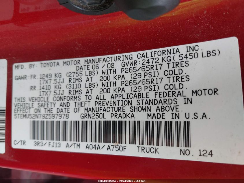 2009 Toyota Tacoma Base V6 VIN: 5TEMU52N79Z597978 Lot: 43305052